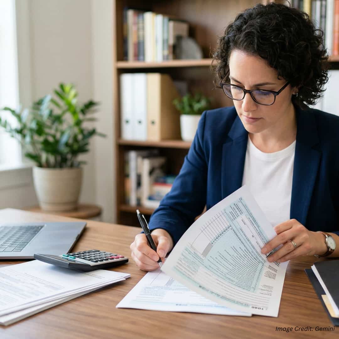 A women reviewing the sheets of Tax returns before filing them